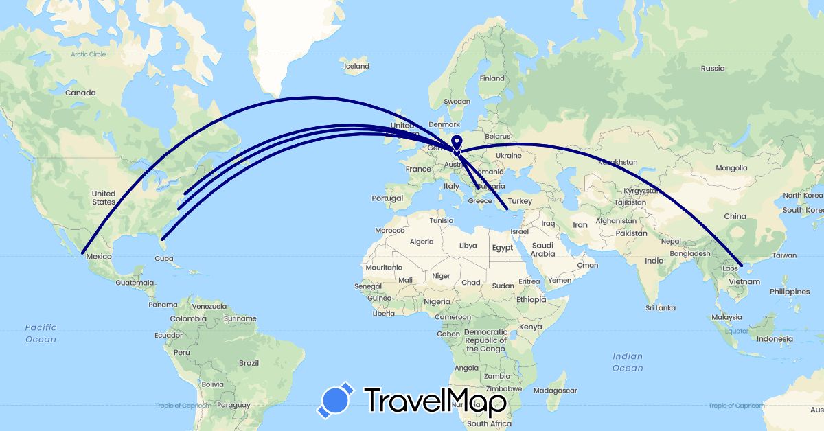TravelMap itinerary: driving in Austria, Czech Republic, Germany, Macedonia, Mexico, Slovakia, Turkey, United States, Vietnam (Asia, Europe, North America)